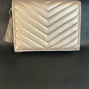 NEW Neiman Marcus Rose Gold Metallic Chevron Quilted Clutch with Tassel Detail
